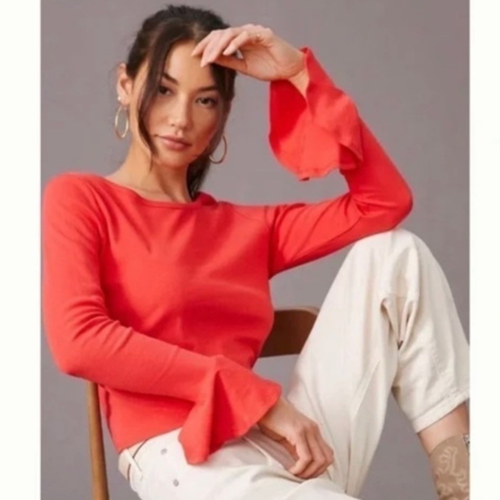 Maeve Anthropologie Flouncy Bell Sleeve Long Sleeve Top Women’s Small Red